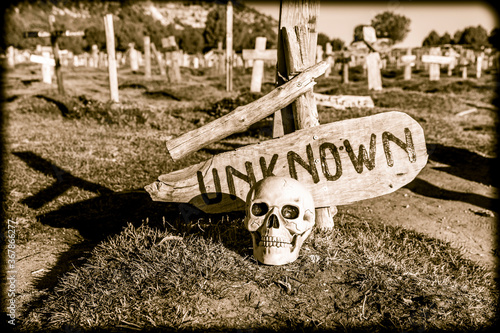 an unknown human skull at the Sad Hill Cemetery in Contreras (Santo Domingo de Silos), province of Burgos, Castile and Leon, Spain photo