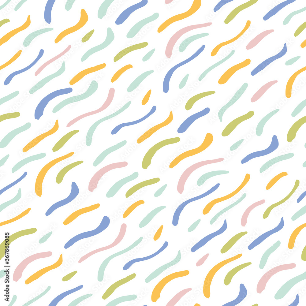 Vector abstract irregular paint stroke brush pattern in pastel tones. Colorful cut out doodle style design. Vivid, hand drawn, in motion, modern brush design on white background. Surface pattern