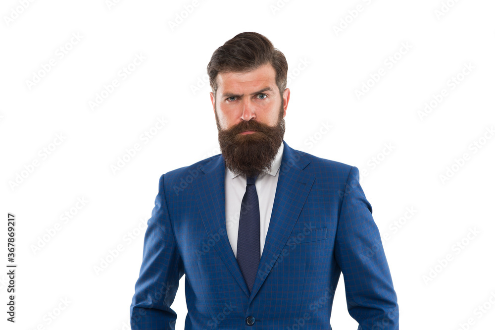Make man look his best. Bearded man isolated on white. Serious man in formal style. Fashion look of brutal man. Office style. Business attire. Menswear store. Fashion wardrobe. Dressing for work Make man look his best. Bearded man isolated on white. Serious man in formal style. Fashion look of brutal man. Office style. Business attire. Menswear store. Fashion wardrobe. Dressing for work