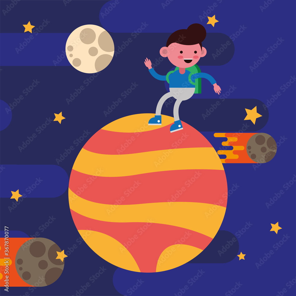 little student boy in planet comic character