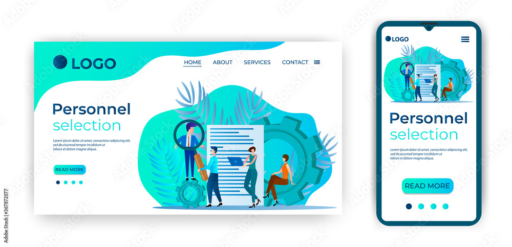 Personnel selection.People are searching for workers.Use a magnifying glass and a questionnaire.The concept of finding new employees.Landing page template and adpatation for your smartphone.