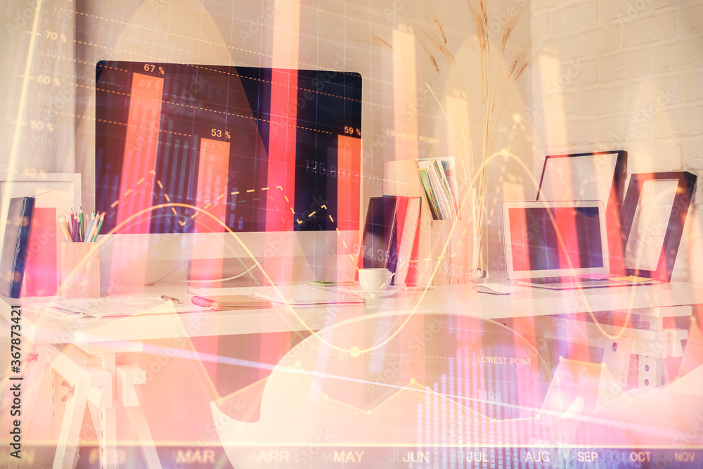 Obraz premium Double exposure of financial graph drawing and office interior background. Concept of stock market.