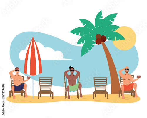 interracial men on the beach practicing social distance