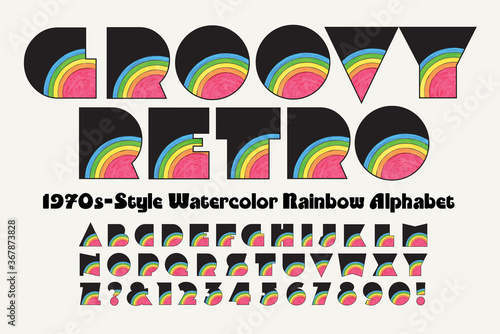 Vector font: A Groovy Retro Extra Bold Watercolor Rainbow Alphabet with a 1970s Look.