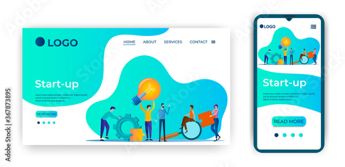 Start-up.People are engaged in promoting new businesses.Search for ideas and brainstorming.Launching a business project.Landing page template and smartphone adaptation.Flat vector illustration.