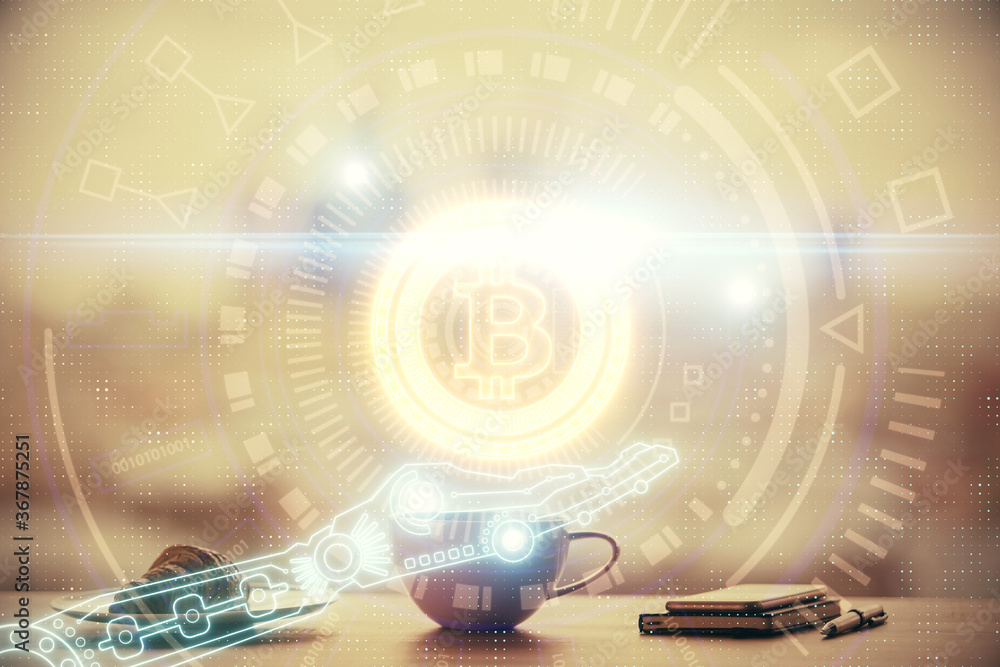 Fototapeta premium Double exposure of crypto currency theme drawing hologram over coffee cup background in office. Concept of international blockchain.