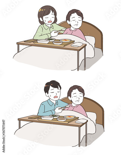 食事を拒否する老齢女性　疲れる家族