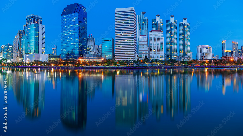 Night City scape of beautiful park in Bangkok central area	