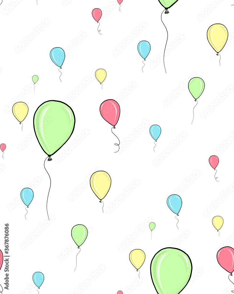 Seamless pattern. Hand drawn illustration. Colorful balloons for a celebration. 