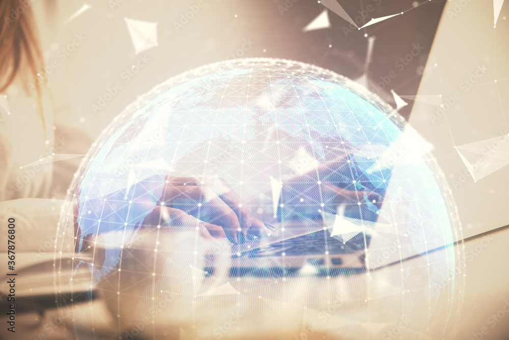 Multi exposure of woman hands typing on computer and business theme hologram drawing. Success concept. Multi exposure of woman hands typing on computer and business theme hologram drawing. Success concept.