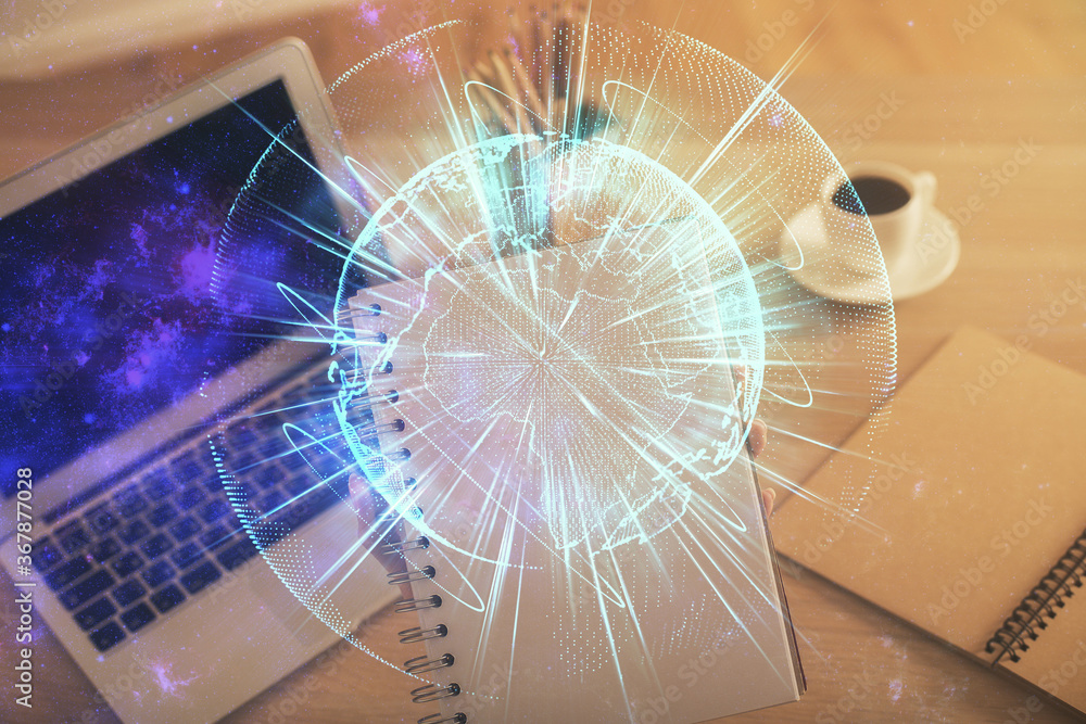 Multi exposure of woman hands typing on computer and business theme hologram drawing. Success concept. Multi exposure of woman hands typing on computer and business theme hologram drawing. Success concept.