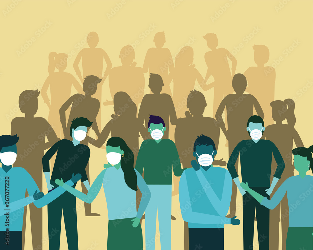 group of people wearing medical masks characters
