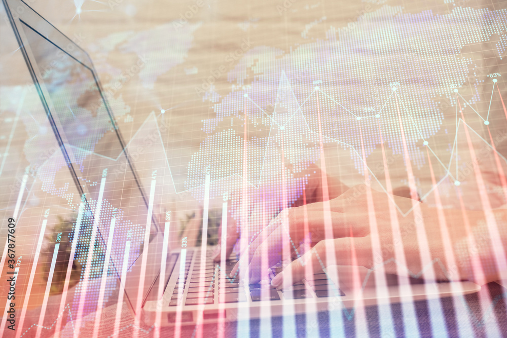 Multi exposure of woman hands typing on computer and forex chart hologram drawing. Stock market analysis concept. Multi exposure of woman hands typing on computer and forex chart hologram drawing. Stock market analysis concept.