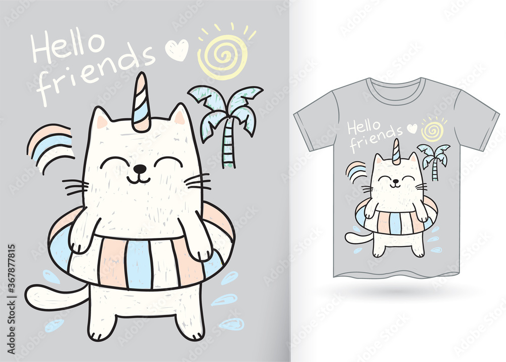 Hand drawn cute cat unicorn for t shirt Hand drawn cute cat unicorn for t shirt