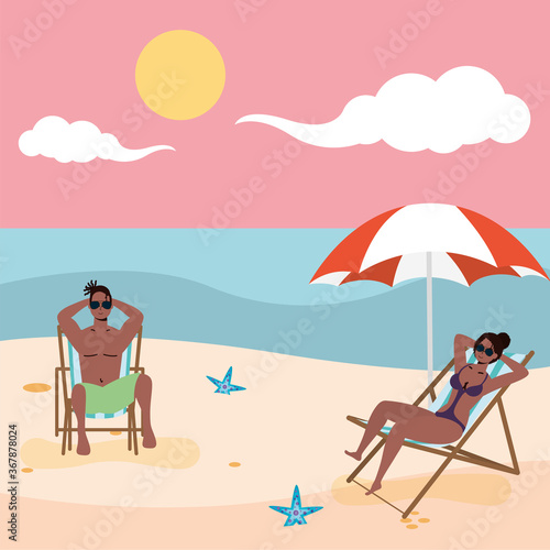 afro couple seated in beach chairs practicing social distance © Gstudio