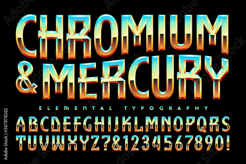 Vector Font Alphabet; Chromium and Mercury is a Beveled Reflective Lettering Style with Echoes of 1980s Airbrush Lettering and Geometric Characters.