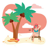 beautiful woman wearing swimsuit seated in beach chair eating coconut