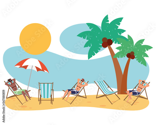 interracial men on the beach practicing social distance