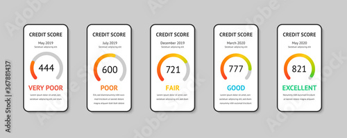 Set smartphones with credit score app on the screen. Financial information about the client vector illustration isolated on white background.