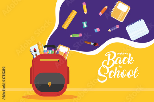 back to school poster with schoolbag and supplies photo