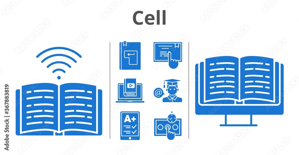 cell set. included ereader, ebook, test, learn, student, book, touchscreen, enter icons. filled styles. cell set. included ereader, ebook, test, learn, student, book, touchscreen, enter icons. filled styles.