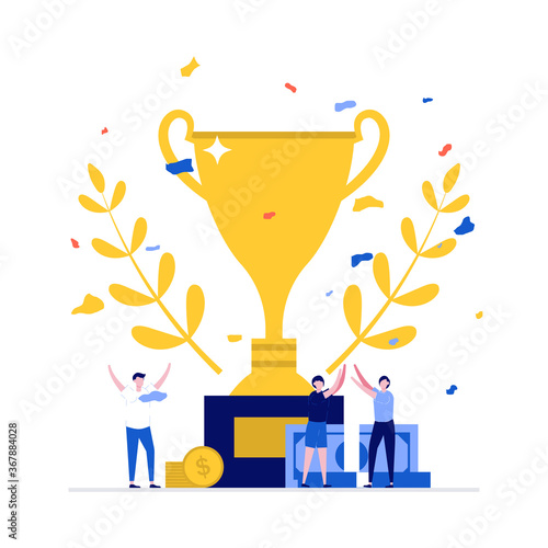 You win vector illustration concept with big trophy and characters. Modern flat style for landing page, mobile app, poster, flyer, template, web banner, infographics, hero images