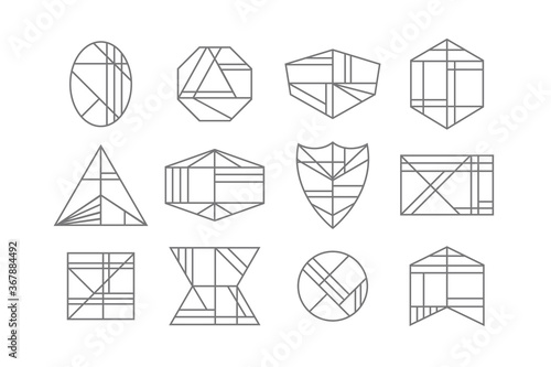 black line different shape art deco emblems icons set on white background