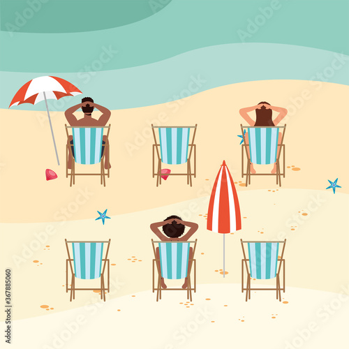 interracial people on the beach practicing social distance