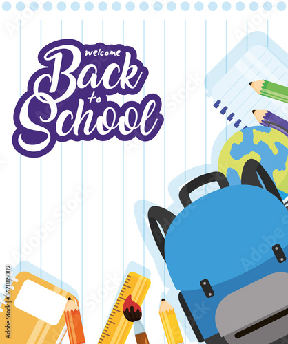 back to school poster with schoolbag and supplies