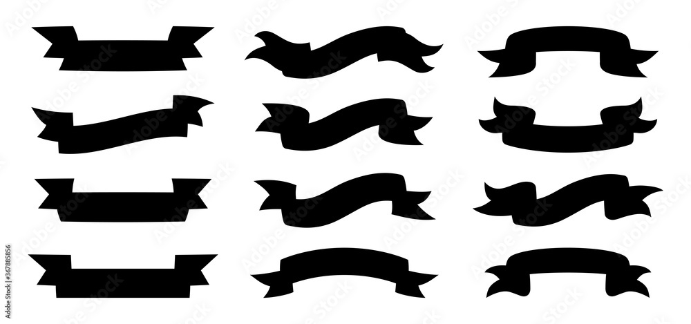 Ribbon black silhouette set. Decorative icons, monochrome tape collection. Design for greeting cards, banners invitations. Silhouette ribbons. Web icon kit of text banner. Isolated vector illustration