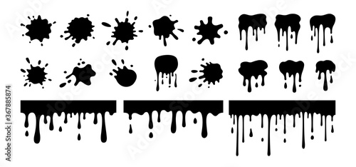 Splash black blob, shape set. Black silhouette, round ink splatter glyph collection, decorative shapes liquids. Grunge splashes, drops, cartoon spatters. Stain collection. Isolated vector illustration