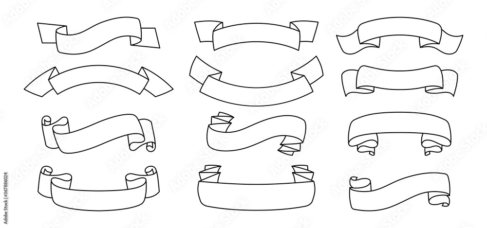 Ribbon set outline style. Decorative icons, line tape blank flat collection. Design for greeting cards, banners or invitations. Ribbons sign for web kit of text banner. Isolated vector illustration