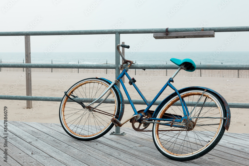 A bicycle is abandoned on the famous Asbury Park boardwalk in New Jersey.