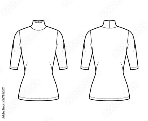 Turtleneck jersey sweater technical fashion illustration with elbow sleeves, close-fitting shape, tunic length. Flat outwear apparel template front back white color. Women men unisex top CAD mockup