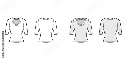 Scoop neck jersey sweater technical fashion illustration with elbow sleeves, close-fitting shape. Flat shirt apparel template front back white grey color. Women, men unisex outfit top CAD mockup