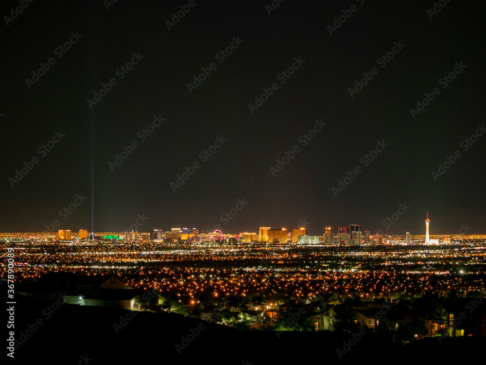 Night high angle view of the famous Las Vegas Strip and cityscape