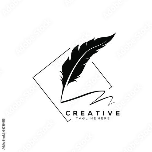 feather pen logo silhouette with oblique line vector design template