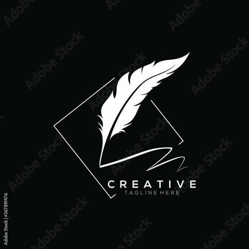 feather pen logo white with oblique line vector design template