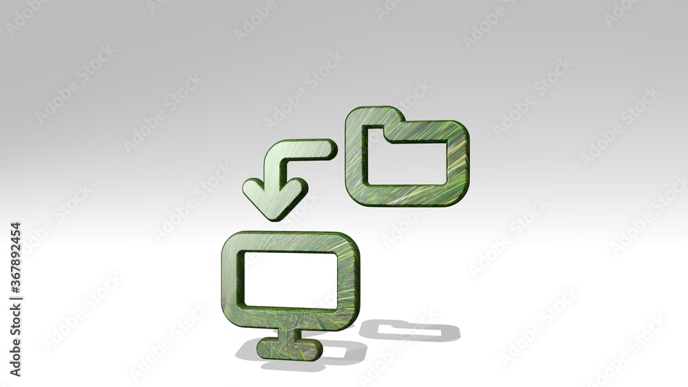 monitor transfer folder casting shadow with two lights. 3D illustration of metallic sculpture over a white background with mild texture. computer and business monitor transfer folder casting shadow with two lights. 3D illustration of metallic sculpture over a white background with mild texture. computer and business