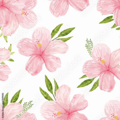 Watercolor pink hibiscus flower seamless pattern