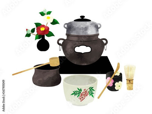 日本の伝統文化　茶道　茶道具の水彩風イラスト