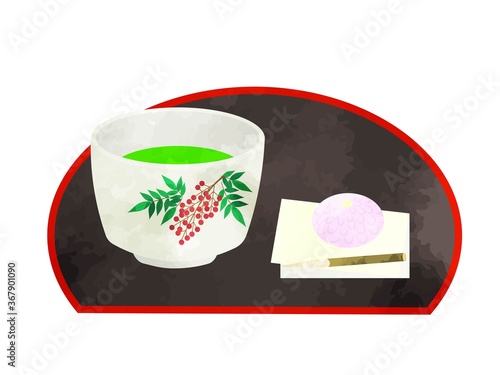 抹茶と和菓子　日本の茶道の水彩風イラスト