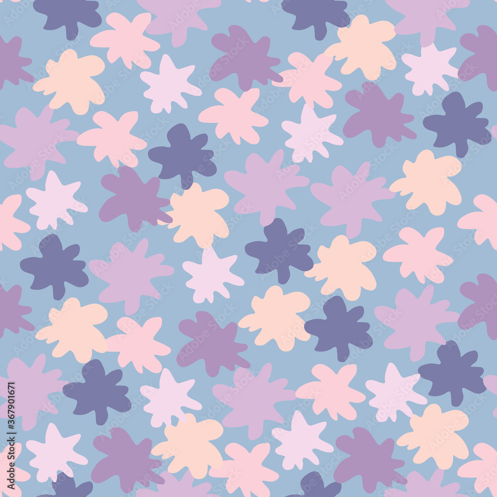Purple, lilac and pink star abstract shapes seamless pattern. Blue background. Childish backdrop. Purple, lilac and pink star abstract shapes seamless pattern. Blue background. Childish backdrop.