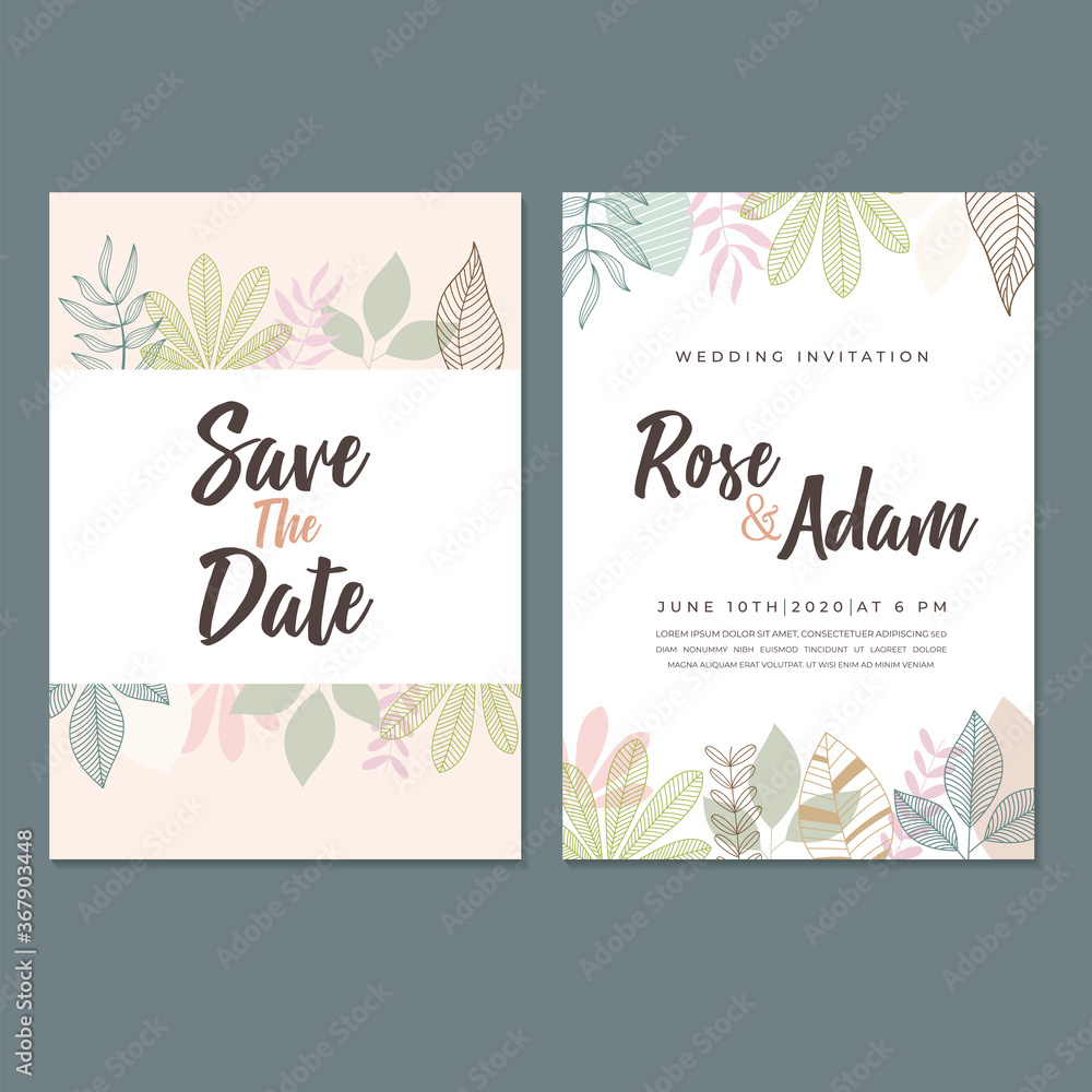 Wedding Invitation Card template, with leaf & floral background	
