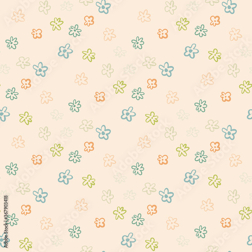 Spring light floral background with little daisy flowers. Pastel background. Multicolor botanic elements.