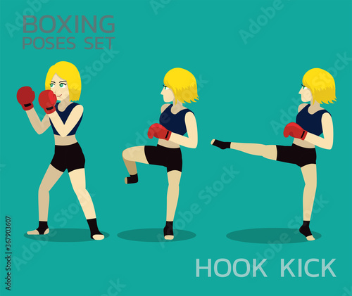 Hook Kick Manga Boxing Poses Set Cartoon Vector Illustration