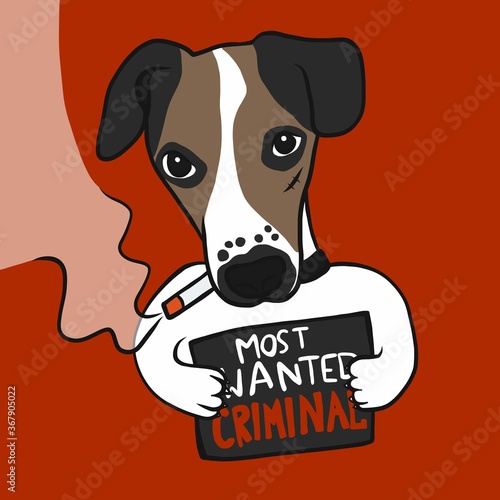 Jack Russell dog smoking cigarette, Most wanted criminal cartoon vector illustration