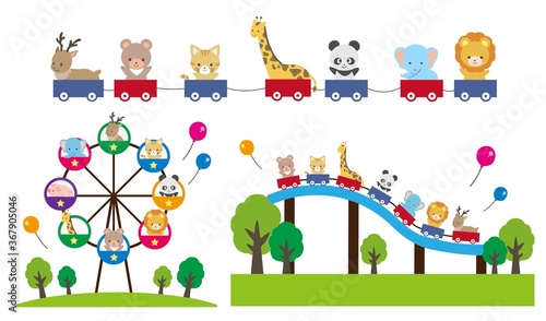 Illustration set of cute animals playing in the amusement park