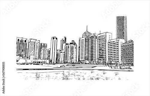 Building view with landmark of Abu Dhabi, the capital of the United Arab Emirates. Hand drawn sketch illustration in vector.