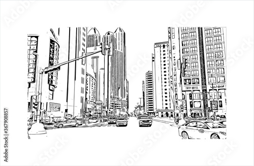 Building view with landmark of Abu Dhabi, the capital of the United Arab Emirates. Hand drawn sketch illustration in vector.